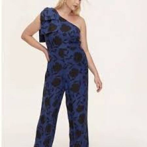 NEW RARE Floral Blue Black One Shoulder Party Cocktail Event Jumpsuit - Picture 2 of 8
